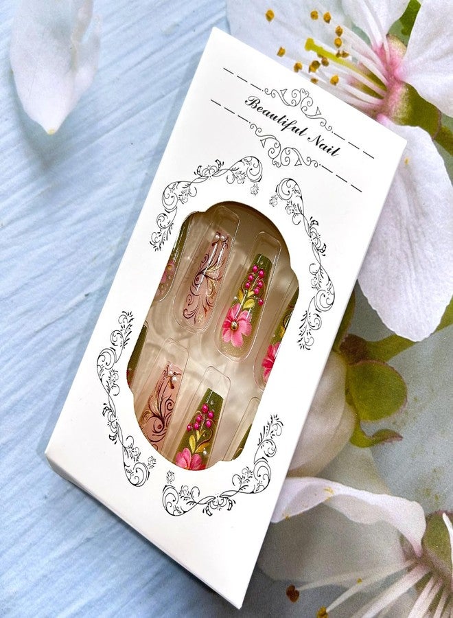 CJDLTS Flower False Nail Green French Tip Press on Nails Long Length Pink Floral Pearl Design Full Cover Gradient Artificial Stick on Nails Ballet Shaped Manicure Acrylic Glue on Nail for Women 24Pcs - Image 5